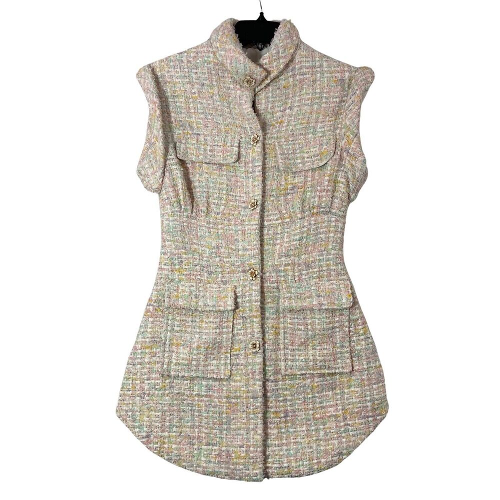 Oche Boutique Tweed Vest Womens Size XS Pastel Sleeveless Rose Button Side Split